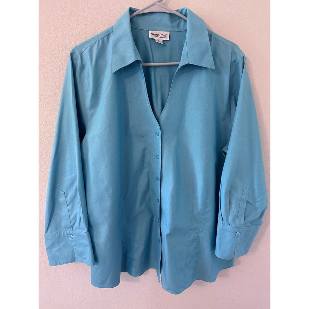 Coldwater Creek Blue 3/4 Sleeve top Size XL button down 100% cotton preppy